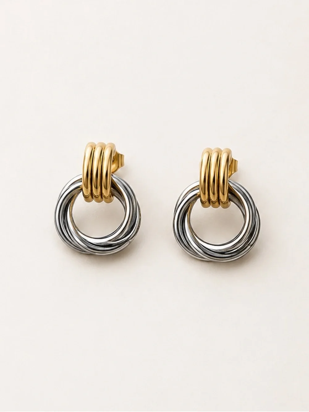 18K Gold PVD Mixed Metal Double Round Stud Earrings